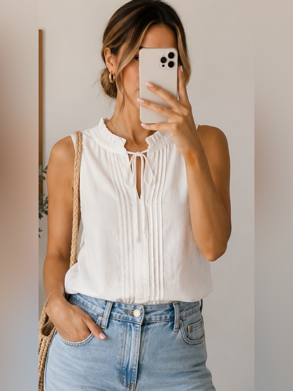 NWT Simply Vera Vera Wang White Pintuck Tie Neck Blouse XS